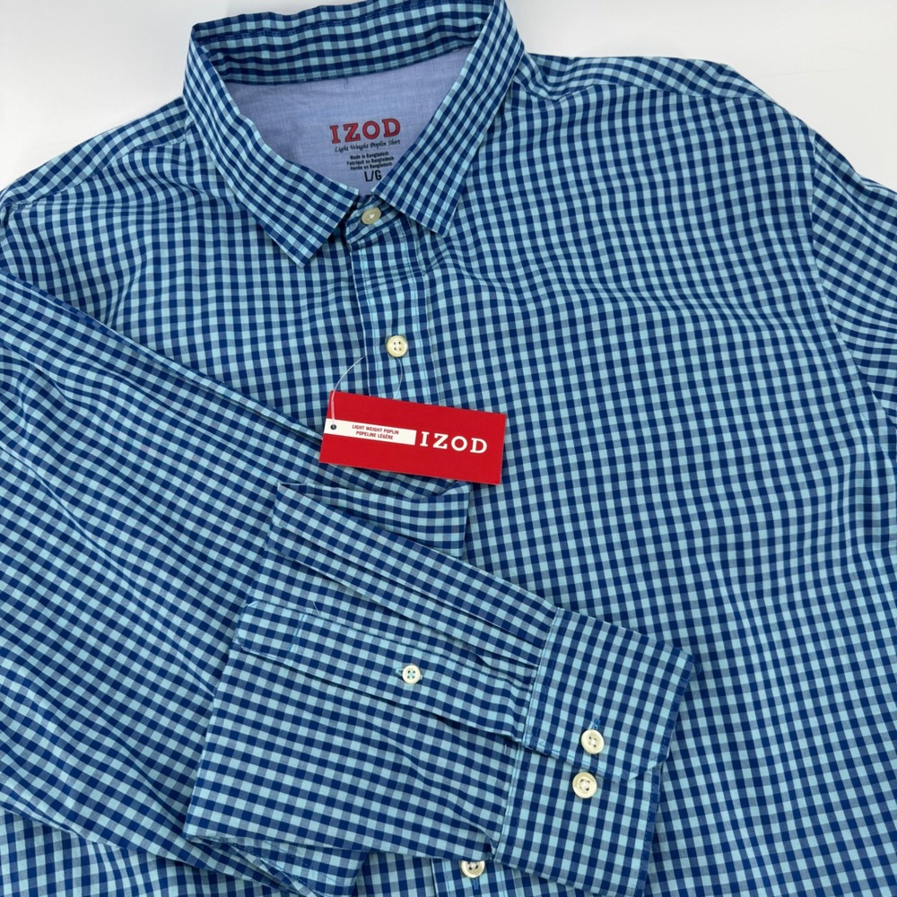 IZOD Mens Blue Gingham Check Lightweight Poplin Button Down Shirt Large NWT